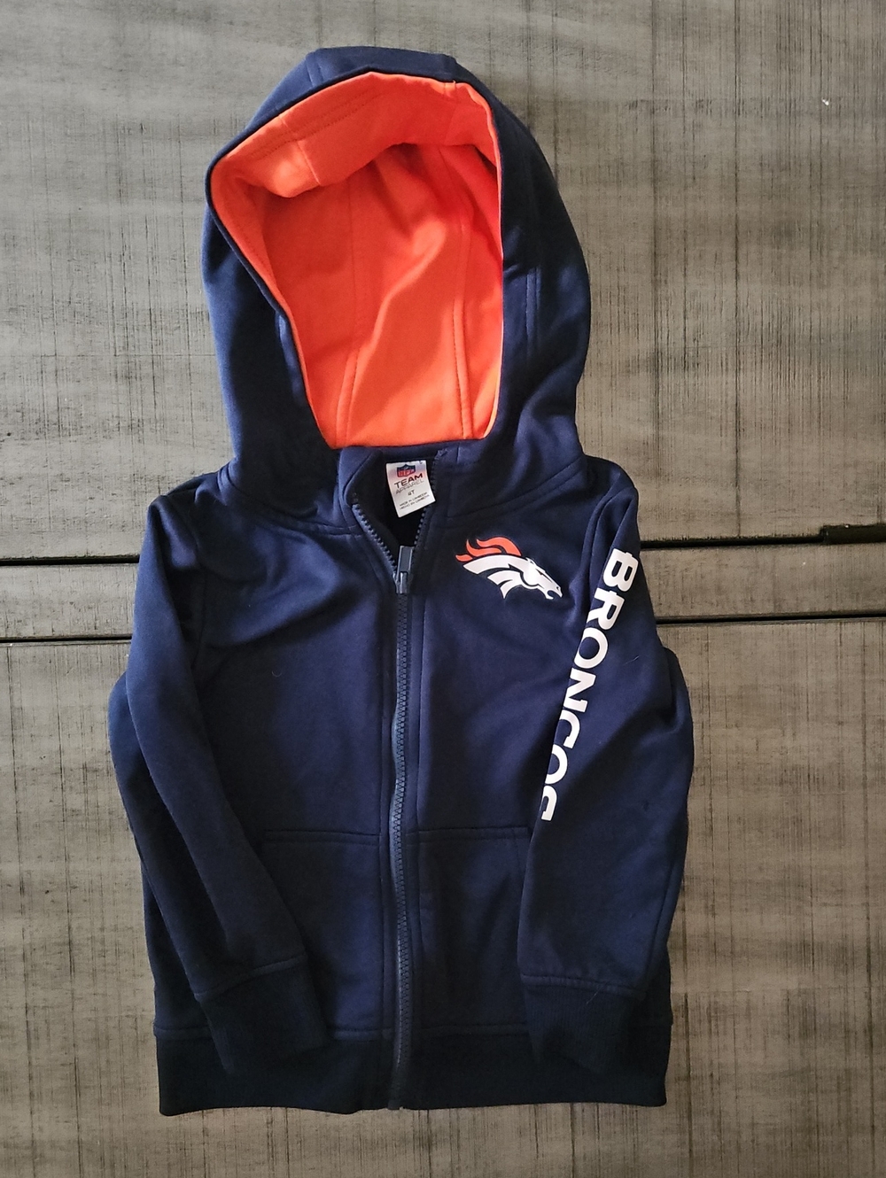 NFL Kids Navy Hoodie with Orange Lined Hood and Broncos Logo